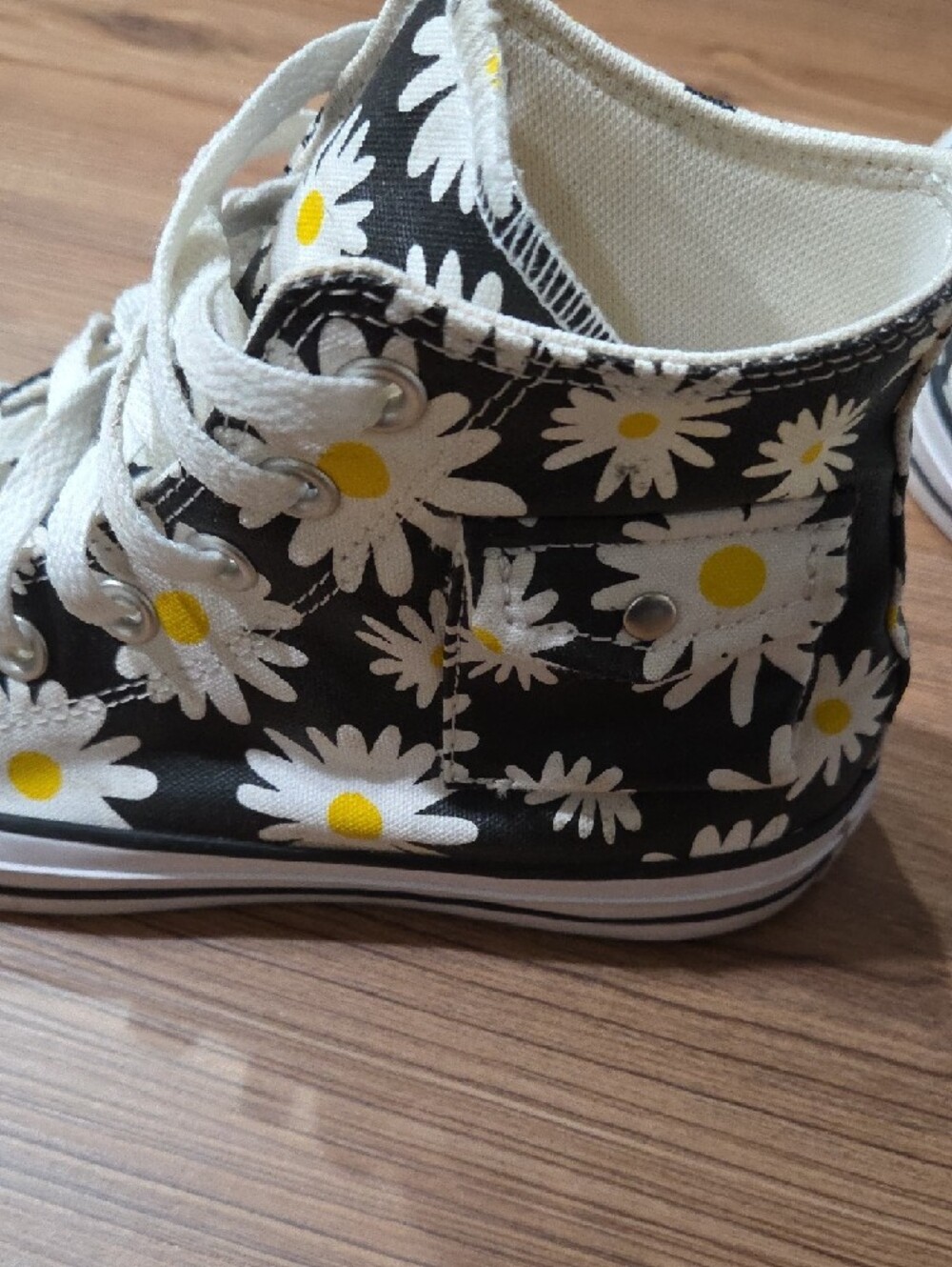 Converse High Top Sneakers - Black with White & Yellow Daisy Print - Picture 4 of 8
